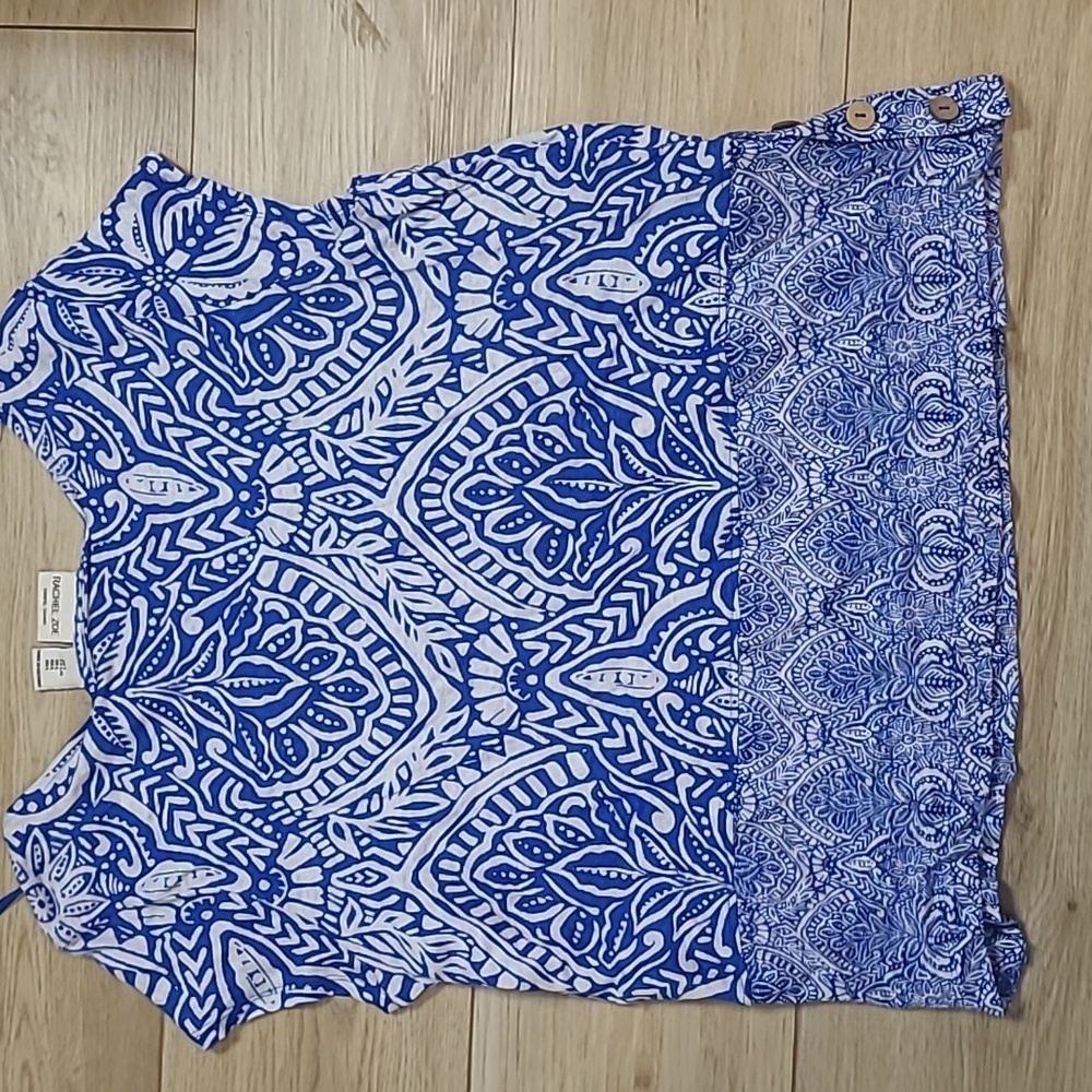 RACHEL ZOE Boho Printed Pattern 2 pc Large Wide Leg Pant Set Blue 100% Linen L - Picture 6 of 11